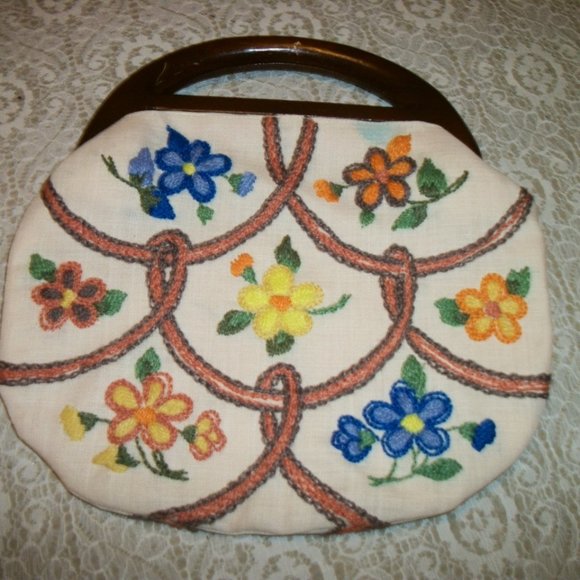 VINTAGE 50S FOLKLORE SEMI CARPETBAG STITCHES PURSE - Picture 1 of 5